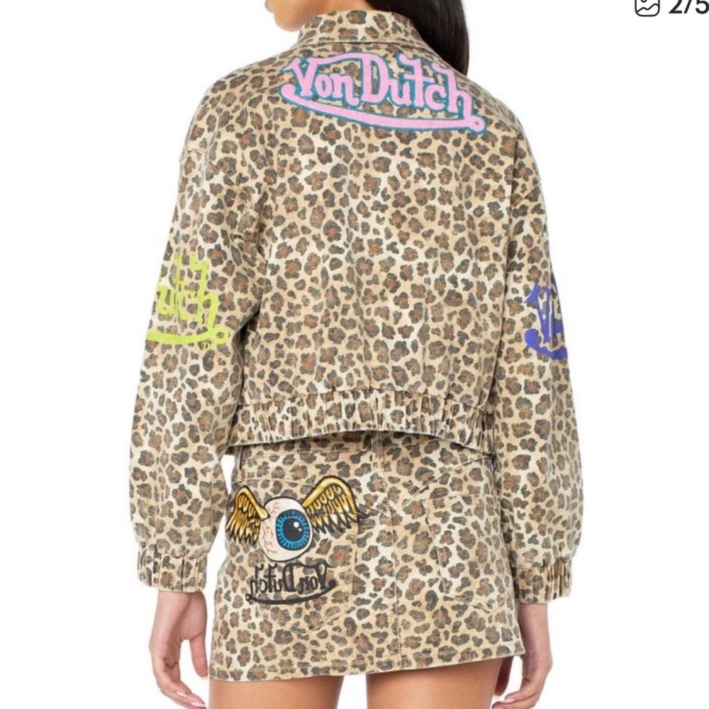 Von Dutch Womens Leopard Graphic Patch Jacket Large Brown Combo - NWT - Picture 2 of 4